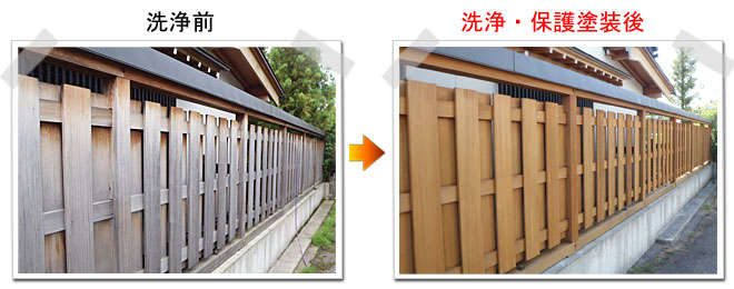 住宅　木の塀　洗浄前と洗浄・保護塗装後の比較